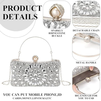 Quelay 4 Pcs Purse Rhinestone Jewelry Set Women | Wedding Bridal Prom Jewelry Sparkly Clutch Handbag with Necklace Bracelet Dangle Earrings Shiny Costume Kit - color: Silver, style: Sparkly