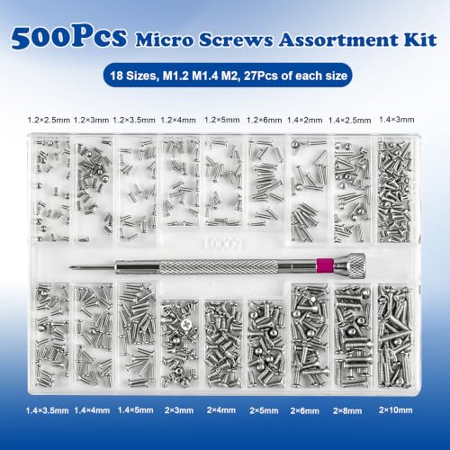 500Pcs Micro Screws Assortment Kit, 18 Sizes M1.2 M1.4 M2 Tiny Screws | for Glasses, Watches, Laptop, Electronics Repair, Stainless Steel, with Screwdriver