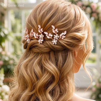 Heread Leaf Bride Wedding Hair Pins Crystal Bridal Head Dress Pearl Hair Accessories for Women and Girls (Pack of 3) (A Rose Gold) | Silver and Gold and Rose Gold Leaf Bridal Hair Clip Silver Rhinestone Pieces for Brides - color: A Rose Gold
