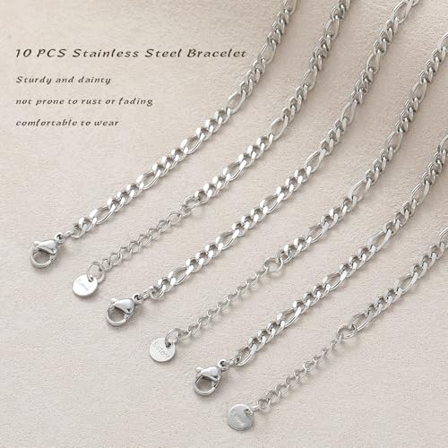 10 PCS Bracelets for Women Stainless Steel Chain Link Bracelet Set | 6.7 Inches with Extender, Jewelry Gifts for DIY, Chains Bulk, Oval, Curb, Figaro Chains, 18K Gold Plated, Silver, Chunky - color: Figaro Silver