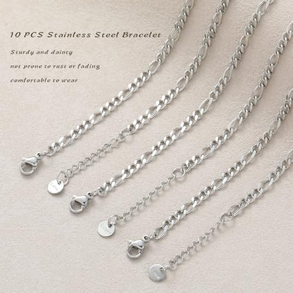 10 PCS Bracelets for Women Stainless Steel Chain Link Bracelet Set | 6.7 Inches with Extender, Jewelry Gifts for DIY, Chains Bulk, Oval, Curb, Figaro Chains, 18K Gold Plated, Silver, Chunky - color: Figaro Silver