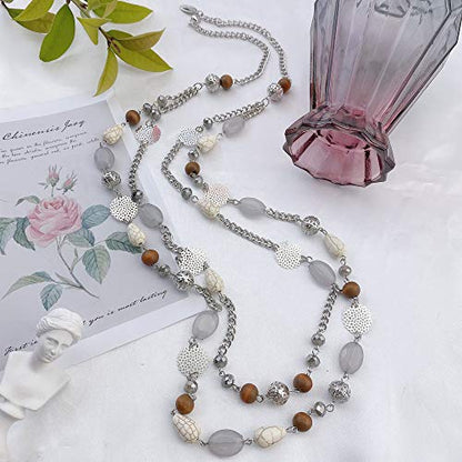 Bocar Long Necklaces for Women Trendy, Boho Layered Crystal Beaded Collar Necklaces for Women, Fashion Statement Necklaces Jewelry - color: Grey