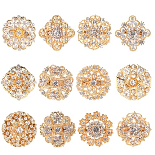 12 PCS Gold Crystal Rhinestone Brooch Pin, Assorted Gold Brooches for Women | Vintage Floral Brooches Wedding Bouquet Brooch for Clothing, Scarf Hat, DIY Crafts