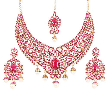 Touchstone Indian jewelry sets for women tikka wedding necklace costume guest statement bollywood rhinestones crystal faux pearls gold big royal neck piece set bridal fashion accessories - color: Pink