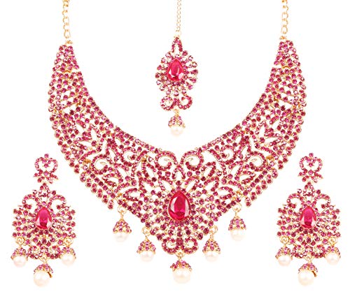 Touchstone Indian jewelry sets for women tikka wedding necklace costume guest statement bollywood rhinestones crystal faux pearls gold big royal neck piece set bridal fashion accessories - color: Pink
