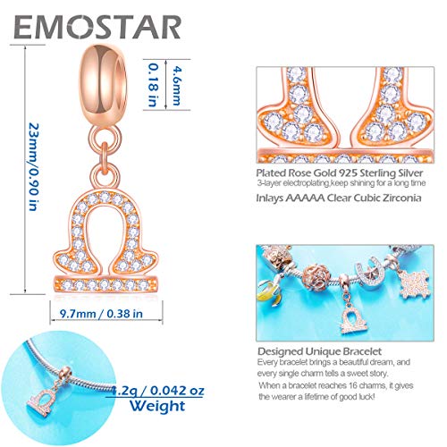 EMOSTAR Zodiac Sign Charms fits European Charm Bracelet – Rose Gold 925 Sterling Silver Necklace Pendant, 12 Horoscope Constellation Dangle CZ Birthstone Beads, Gifts for Women/Men/Birthday - color: Libra (9.23 – 10.22)