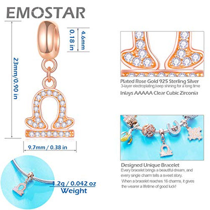 EMOSTAR Zodiac Sign Charms fits European Charm Bracelet – Rose Gold 925 Sterling Silver Necklace Pendant, 12 Horoscope Constellation Dangle CZ Birthstone Beads, Gifts for Women/Men/Birthday - color: Libra (9.23 – 10.22)