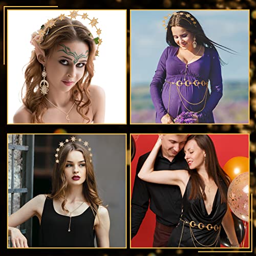Glenmal 4 Pieces Celestial Jewelry Moon Stars Crown Necklaces and Body Chain Headband Drop Earrings for Women - color: Gold