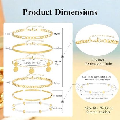 FAXHION Gold Anklets for Women Waterproof, Adjustable Boho Stacking Dangle Coin White Bead Cuban Link Chain Anklets Set, Summer Layered Beach Jewelry Gift for Women - color: Gold-Cuban Chain & Coin