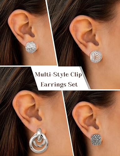 ORAZIO 4Pairs Clip On Earrings for Women Gold Silver Clip On Hoop Earrings Chunky Teardrop Clip Earrings Twist Round Clip On Stud Earrings No Piercing Fake Earrings Set - color: Silver Tone