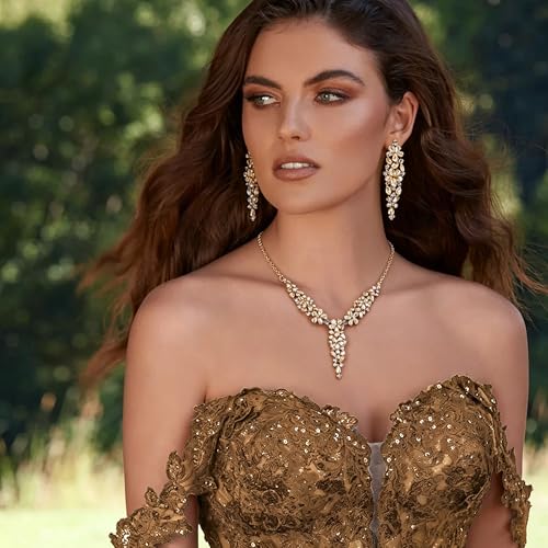 EleQueen Statement Sparkle Crystal Necklace Bracelet Dangle Earrings Set for Women, Art Deco Prom Chandelier Jewelry for Wedding Bridal - color: Brown Gold-Plated-Base