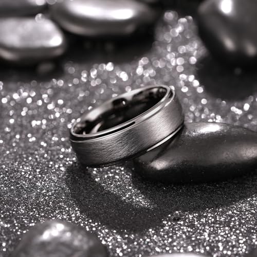 King Will Classic Tungsten Carbide Ring Brushed Two Grooved Center Hammered Design Mens Wedding Band for Men | Black/Silver/Gold, 8mm, Men's Wedding Band, Grooved, Comfort Fit, Everyday Wear - color: C-Gunmetal Gray 8mm