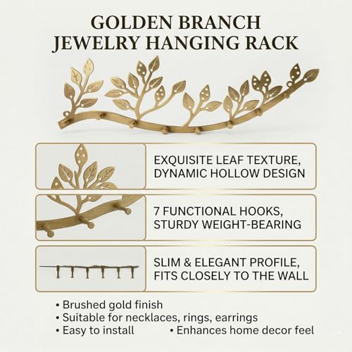 Wall Mounted Jewelry Necklace Holder Organizer with 8 Hooks and 43 Holes, Neatly Hanging Earring, Bracelet, and Keys - Rustic Gold Metal Tree Leaf Branch Wall Décor