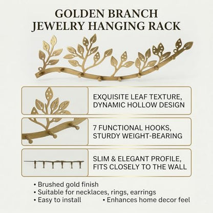 Wall Mounted Jewelry Necklace Holder Organizer with 8 Hooks and 43 Holes, Neatly Hanging Earring, Bracelet, and Keys - Rustic Gold Metal Tree Leaf Branch Wall Décor