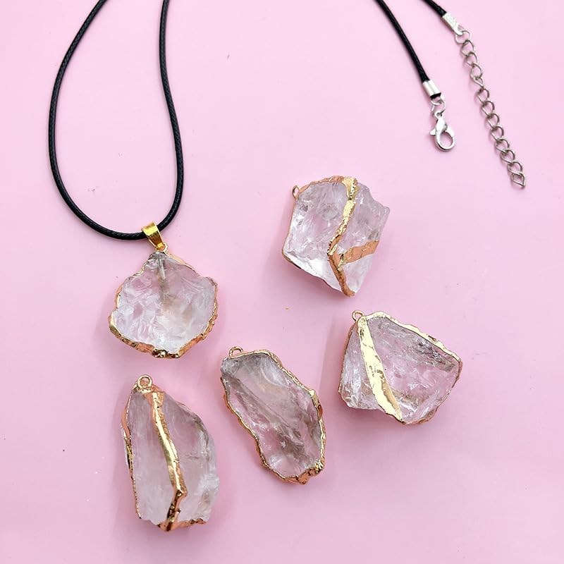 Raw Crystal Pendant Necklace – Natural Gemstone Chunk with Gold Electroplated Edge, Adjustable Cord Choker Jewelry for Women & Men, Healing Stone Gift