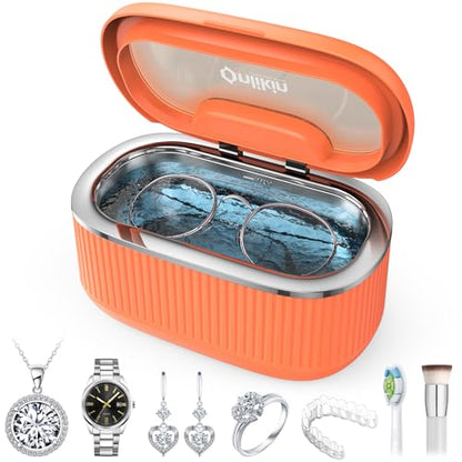 35W Ultrasonic Jewelry Cleaner, 45KHz Retainer Cleaner for Jewelry, 5 Timer & 3 Power Modes, Eyeglasses, Rings, Watch Strap, Dentures - 20oz, 304 Stainless Steel Tank, Quiet <38dB (Orange) - color: Orange