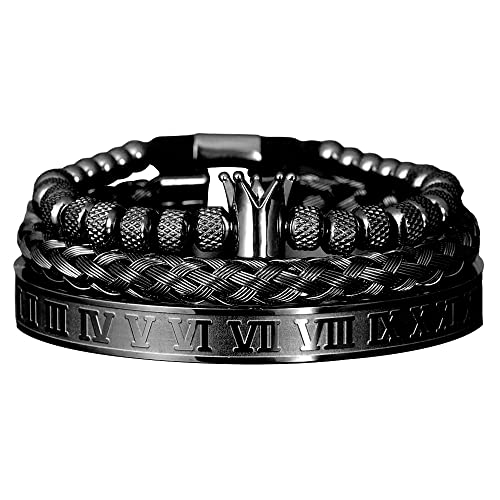 3pcs/set Classical Handmade Braiding Bracelet Hip Hop Men Pave CZ Leopard Head Roman Numeral Bracelet Stainless Steel Jewelry - color: 3pcs C Crwon Black
