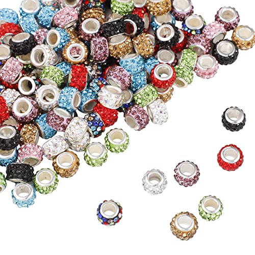 200 PCS European Large Hole Beads Rhinestone Colorful European Beads Crystal Large Hole Craft Beads for DIY Charms Bracelet Jewelry Making - color: Mixcolor, size: 200pcs