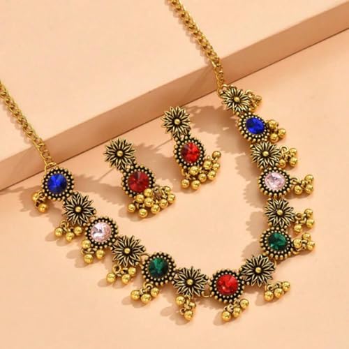 Frodete Indian Jewelry Sets for Women Traditional Bohemian Wedding Jewelry Set Indian Dresses for Women Oxidized Ethnic Party Prom Wear - color: A1:colorful indian necklace earring sets