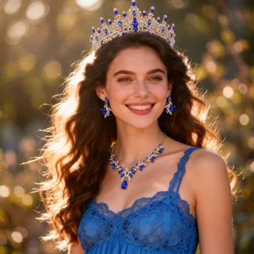 Kamirola Tiaras and Crowns for Women,Tiaras Earrings Necklace, Crystal Bridal Jewelry Set, Costume Jewelry for Women Party Halloween Prom Pageant - color: GOLD BLUE