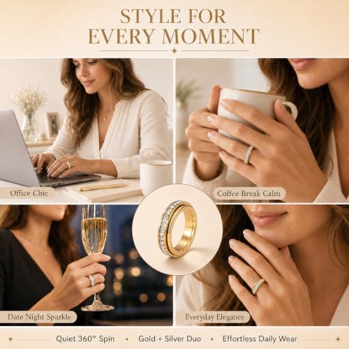 Spinning Fidget Rings for Women, Ultra Quiet Rhinestone Spinner Ring for Stress and Anxiety Relief, Everyday Matching Couple Rings, 2Pcs Gold and Silver Hypoallergenic 304 Stainless Steel, Size 8