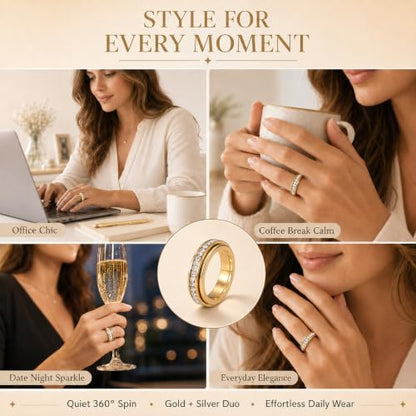 Spinning Fidget Rings for Women, Ultra Quiet Rhinestone Spinner Ring for Stress and Anxiety Relief, Everyday Matching Couple Rings, 2Pcs Gold and Silver Hypoallergenic 304 Stainless Steel, Size 8
