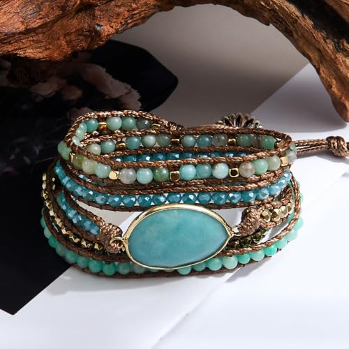 Women Wrap Bracelet Boho Natural Jasper Crystal Stone Beads Strand Bracelets - color: Style 05-Amazonite #2