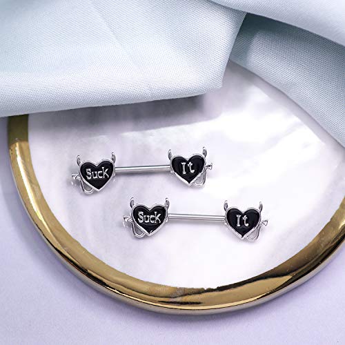 Letter Nipple Ring 14G 316L Surgical Steel Nipple Barbell Heart Shape Devil Body Piercing Jewelry for Women Men - color: Silver