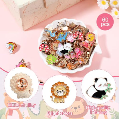 Hoteam 60 Pcs Cute Enamel Pins for Backpack Cartoon Animals Lapel Brooch Bulk Funny Trading Pins Bulk for Hat Clothes Cute Vbs Party Favor Gifts Decorations