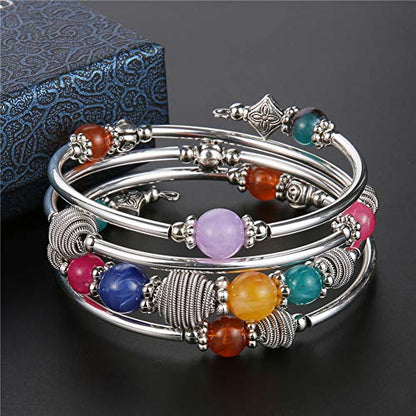 PEARL&CLUB Beaded Chakra Bangle Turquoise Bracelet - Fashion Jewelry Wrap Bracelet with Thick Silver Metal and Mala Beads, Birthday Gifts For Women - color: Colorful