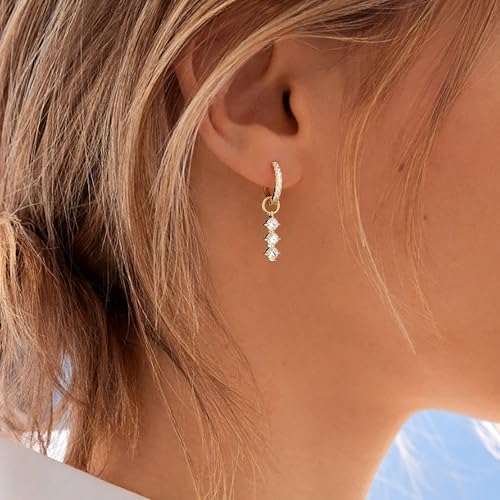 DAILY VIBES Cute Butterfly Star Cross Heart CZ Dangle Earrings for Women | 925 Sterling Silver Post, 14K Gold or Silver Plated, Mini Cubic Zirconia Dainty Drop, Cartilage Small Huggie Hoop Earrings - color: Gold Three Stones