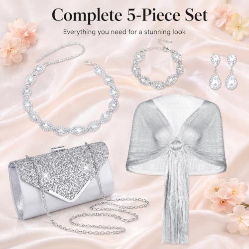 Tiamon 5 Pcs Rhinestone Jewelry Sets Shawls and Wraps Formal Clutch Purses for Women Evening Dresses Weddings Engagement - style: Glitter, Elegant