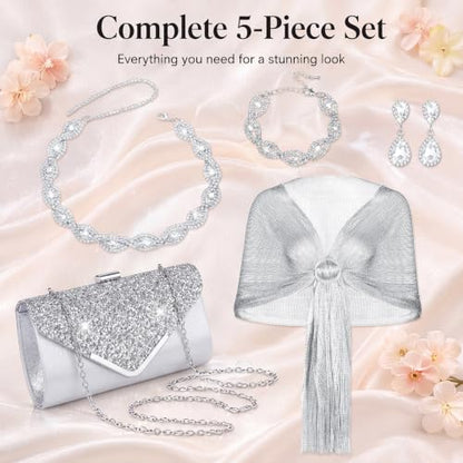 Tiamon 5 Pcs Rhinestone Jewelry Sets Shawls and Wraps Formal Clutch Purses for Women Evening Dresses Weddings Engagement - style: Glitter, Elegant