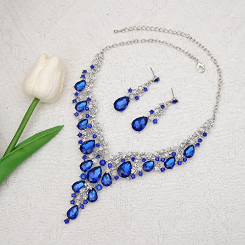 CSY Elegant Crystal Costume Jewelry Sets Flower Bridal Necklace Earrings Stretch Bangle Set for Bride Bridesmaid Wedding Dress Accessories - color: royal blue crystal-platinum tone