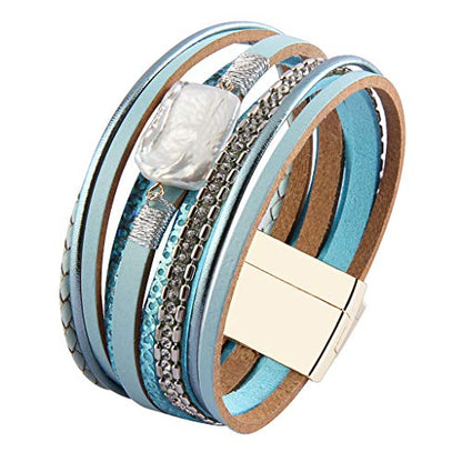 GelConnie Leather Cuff Bracelet Baroque Pearl Wrap Bracelet Gorgeous Gold Tube Bangle Boho Bracelet Bohemian Wristband Jewelry Gift for Women Wife - color: Charm Leather Bracelet-Blue
