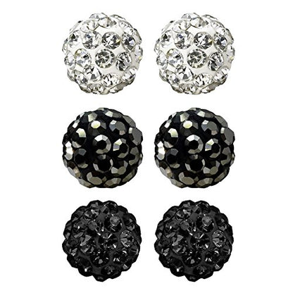 JewelrieShop Rhinestones Crystal Ball Stud Earrings Set Fireball Disco Ball Pave Bead Earrings Hypoallergenic for Women - color: Set B. 6mm x 3 Pairs (White, Jet Black, Hematite)