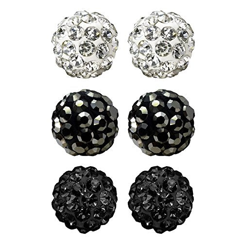 JewelrieShop Rhinestones Crystal Ball Stud Earrings Set Fireball Disco Ball Pave Bead Earrings Hypoallergenic for Women - color: Set B. 6mm x 3 Pairs (White, Jet Black, Hematite)