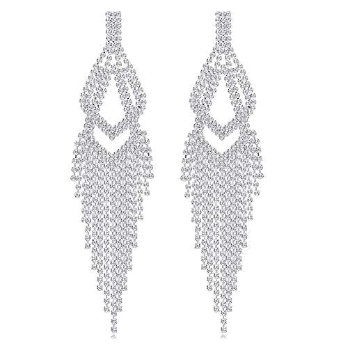 Silver Rhinestone Crystal Bridal Chandelier Long Tassels Dangle Earrings for Wedding - color: F-6