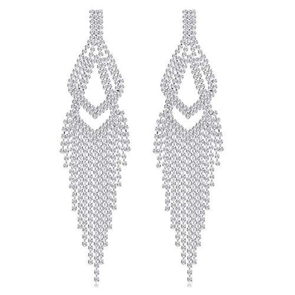 Silver Rhinestone Crystal Bridal Chandelier Long Tassels Dangle Earrings for Wedding - color: F-6