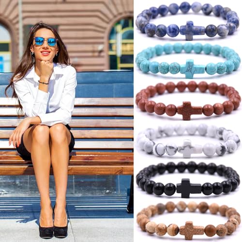 Beaded Bracelets Cross Bracelet for Women Men Lava Rock Turquoise Tiger Eye Natural Bracelet Anxiety Healing - color: 8Pcs-coloured cross