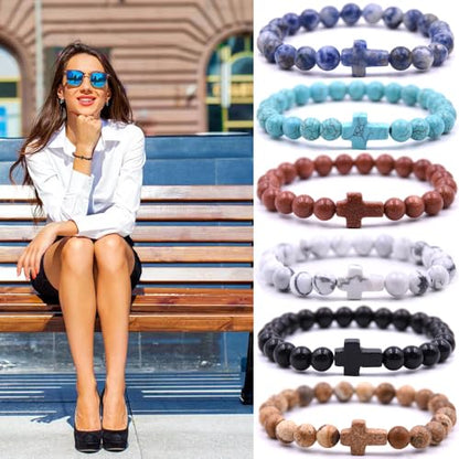 Beaded Bracelets Cross Bracelet for Women Men Lava Rock Turquoise Tiger Eye Natural Bracelet Anxiety Healing - color: 8Pcs-coloured cross