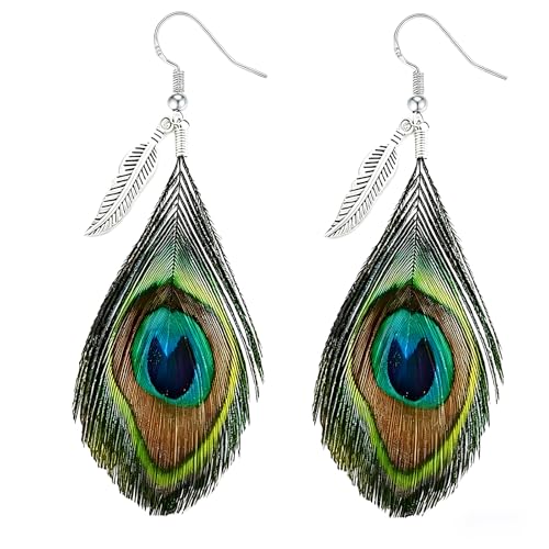 Feather Earrings for Women, Sterling Silver Hook Boho Style Peacock Long Feather Jewelry - color: Peacock Feather-4