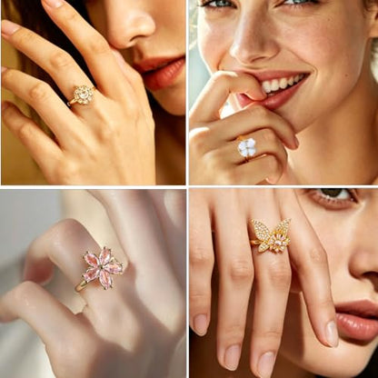 6Pcs Fidget Anxiety Rings for Women, Gold Adjustable Open Spinner Rings for Anxiety, Stress Relief Rotating Rings with Butterfly Sun Star Flower Four-Leaf Clover Designs, Fidget Jewelry for Women - color: Gold