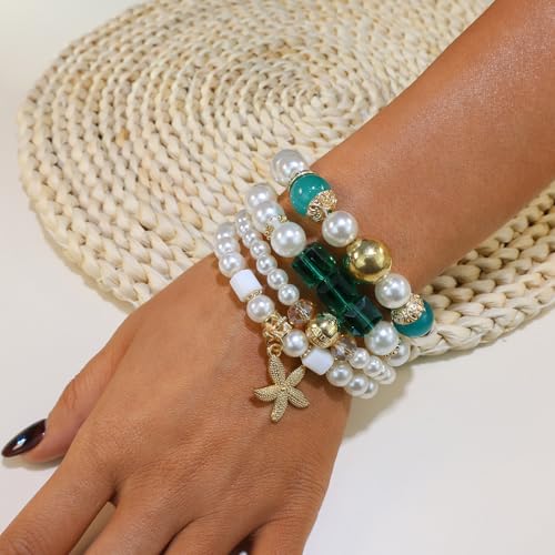 Bohemian Pearl Bracelet Set, 4 Piece Elastic Stretch Beaded Wrist Chain with Starfish Pendant, Boho Faux Pearl Multi-Color Stackable Bracelets for Women - color: Green
