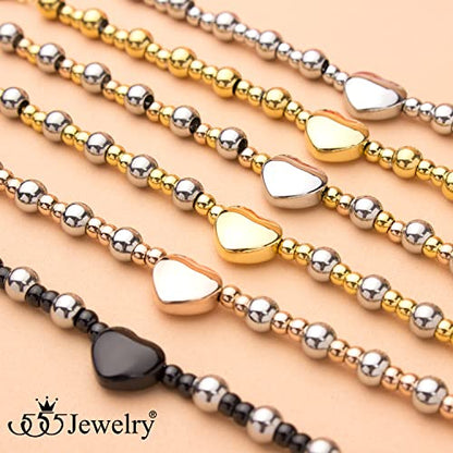 555Jewelry Stainless Steel Beads & Puffed Heart Charm Bracelet for Women & Ladies - color: Silver/Black