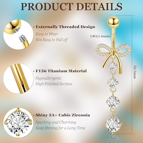 REVOLIA 14G F136 Titanium Dangle Belly Button Ring for Women Dangling Navel Ring Hypoallergenic Belly Ring Externally Threaded Barbell CZ Bow Navel Piercing Jewelry - color: Gold