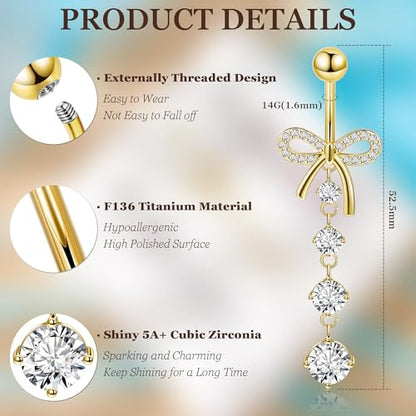 REVOLIA 14G F136 Titanium Dangle Belly Button Ring for Women Dangling Navel Ring Hypoallergenic Belly Ring Externally Threaded Barbell CZ Bow Navel Piercing Jewelry - color: Gold