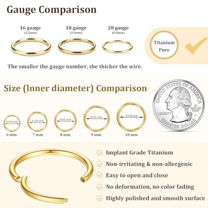 20G 18G 16G Titanium Nose Ring Hoop, Cartilage Hoop Earrings for Women Men Silver Gold Nose Ring Septum Ring Tragus Conch Helix Daith Lip Piercing Jewelry 6mm/7mm/8mm/9mm/10mm - color: Gold-20g, style: 7mm