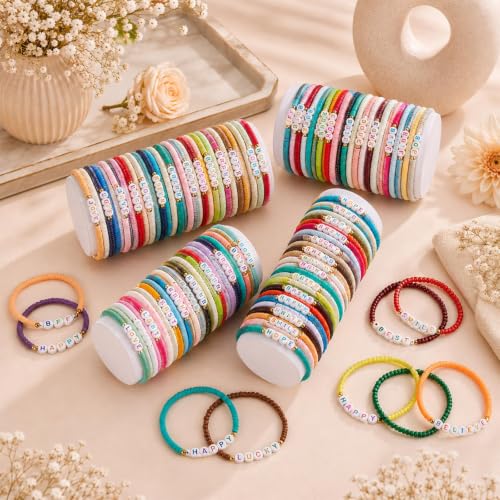 gisgfim 112 Pcs Beaded Friendship Bracelets Bulk Surfer Heishi Clay Stretch Y2K Bracelets Colorful Cute Boho Stackable BFF Bestie Inspirational Jewelry for Women Summer Beach Party Favors Style - style: Word