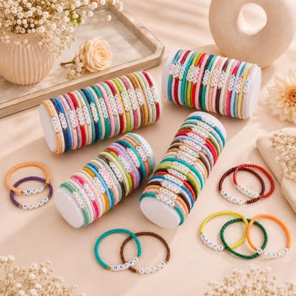 gisgfim 112 Pcs Beaded Friendship Bracelets Bulk Surfer Heishi Clay Stretch Y2K Bracelets Colorful Cute Boho Stackable BFF Bestie Inspirational Jewelry for Women Summer Beach Party Favors Style - style: Word